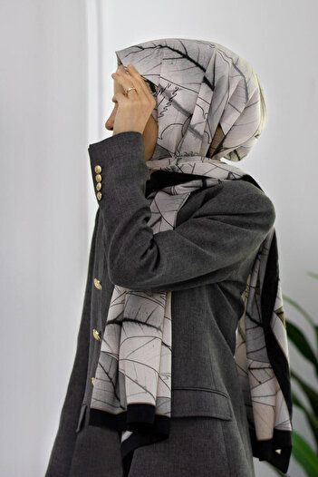 Vissona Luxury medina silk leaf patterned beige colored 75x195 wrinkle-free shawl moss crepe stitch type italian stitched