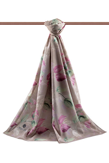 Vissona LÜKS MEDİNE İPEĞİ SONBAHAR DESENLİ PEMBE RENKLİ 75X195 KIRIŞMAZ ŞAL MOSS KREP DİKİŞ TİPİ İTALYAN DİK
