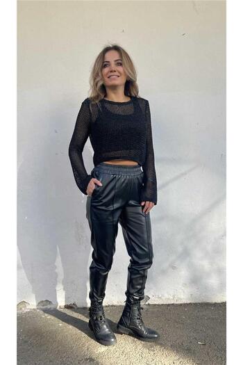 Qu Style Black Leather Trousers with Elastic Waistband