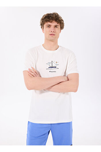 Discovery Expedition Kırık Beyaz Erkek Bisiklet Yaka Relaxed Baskılı T-Shirt YELKEN