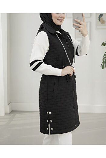 Modamorfo Quilted Vest with Lace-Up Collar, Elastic Waist and Pockets - Black