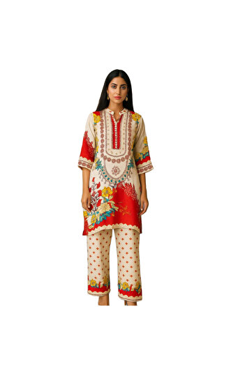 Lady Life Creation Women's Floral Print Kurta Set, Traditional Cotton with Printed Trousers, Cream and Red