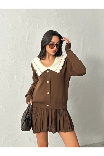 Lusin Women's Brown Stylish Collar Detailed Cardigan Blouse Skirt Bottom Top Two-Piece Set (New Color)