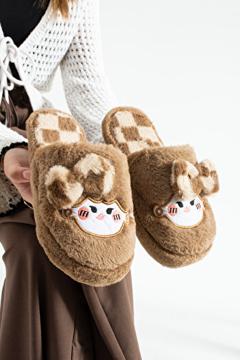 Moda Devrin Tan Bow Tie Plush Toy Winter Women's Slippers