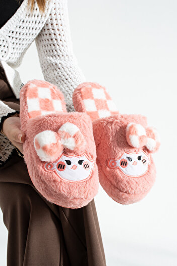 Moda Devrin Winter Women's Slippers with Powder Bow Tie and Plush Toys
