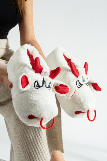Moda Devrin White Bull Silent Sole Slippers Plush Home Shoes