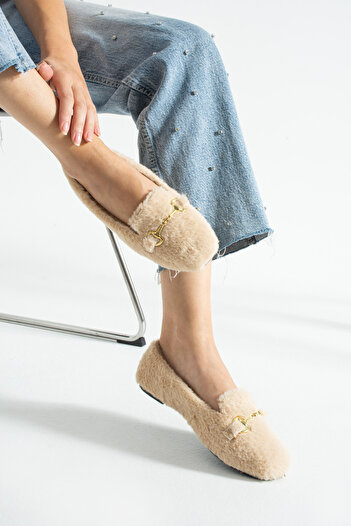Moda Devrin Women's Beige Buckle Winter Ballerina Shoes for Home and Outdoor