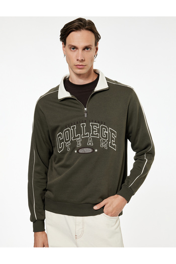 Koton Long Sleeve College Embroidered Color Contrast Raised Half-Zip Sweatshirt