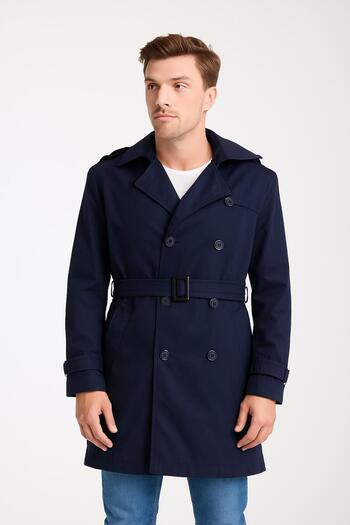 İLKCET MODA Men's Navy Blue Waterproof Regular Trench Coat