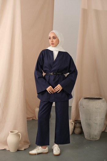 LOCCO Women's Leather Belted Kimono Set Navy Blue
