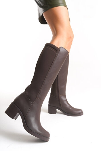 Limeo Bitter Brown Leather Look Stretchy Back Flexible Thick Medium High Heeled Zippered Long Boots