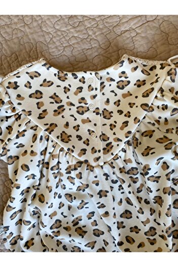 O Baby Leopar Desenli Fistolu Dantel Yakalı Kız Bebek Romper & Çorap - Bej- 0-3-6-12-18 Ay