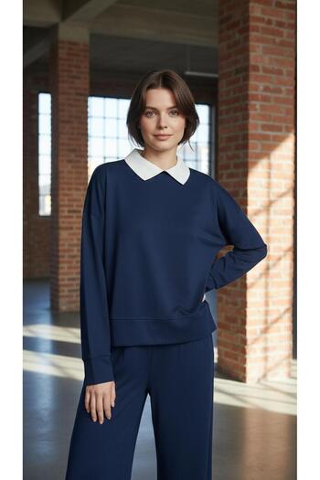 moda paketi Women's Wide Leg Pants & White Knitwear Collar Detailed Sweatshirt Set-Soft Textured Modal Fabric
