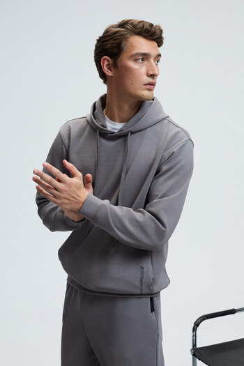 GRIMELANGE Dashiell Men's Hooded Drawstring Front Printed Dark Gray Sweatshirt