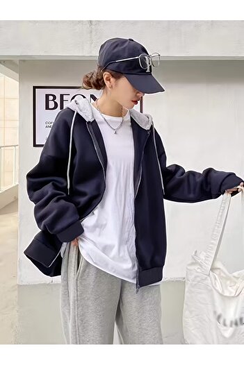 pandy Unisex Kangaroo Pocket Oversize Gray Hooded Zippered Navy Blue Sweatshirt / Cardigan