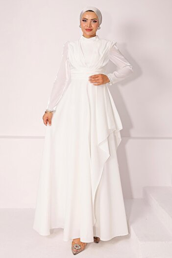 Olcay Taft Satin Hijab Evening Dress with Stone Embroidered Pleats and Flywheel Detail White 1215