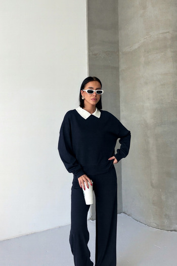 moda paketi Women's Wide Leg Pants & White Knitwear Collar Detailed Sweatshirt Set-Soft Textured Modal Fabric