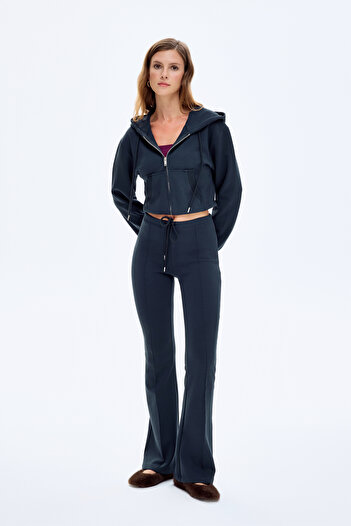 Quzu Lace-Up Hem Detail Spanish Leg Trousers Navy Blue