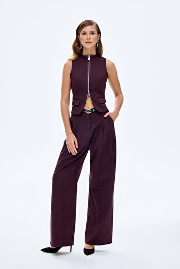 Quzu Belted High Waist Pleated Palazzo Trousers Brown