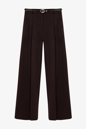 Quzu Belted High Waist Pleated Palazzo Trousers Brown