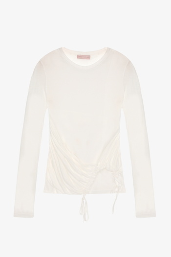 Quzu Side Gathered Lace-Up Transparent Blouse Ecru