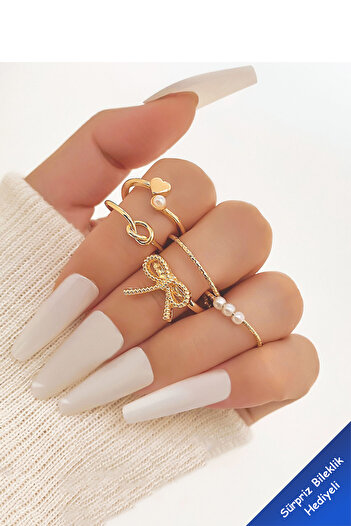 The Collection 5-Piece Bow Model Combination Gold Ring Set