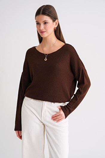 Mixray 6933 Women's Boat Neck Thin Seasonal Knitwear Sweater Brown