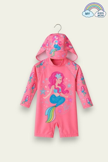 My Kids Wear Zippered Long Sleeve Girl's Swimsuit with Hat