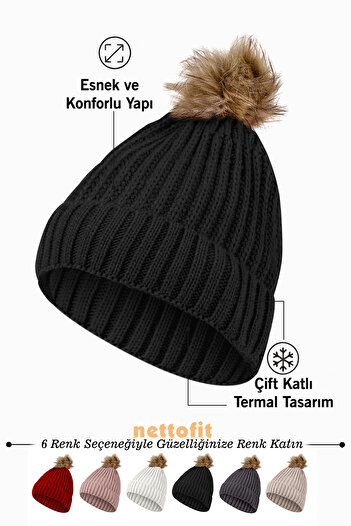 nettofit Women's Fur Pompom Wool Black Color Beret
