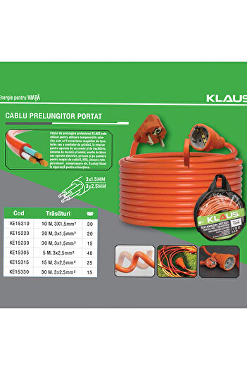 Klaus Portable Extension Cable KE15230, 30m, 3x1.5mm, Orange, Indoor/Outdoor