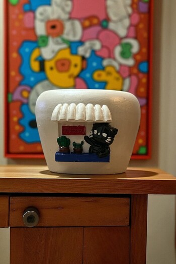TESORİ TESSİLLİ Decorative Ceramic Pen Holder and Flower Pot Cute Cat Design 7X9 cm Tabletop Organizer Gift