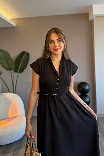Aventien Rochie midi neagră cu centură cu guler domnă