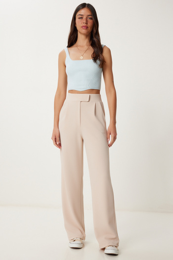 Lovelyİstanbul Comfortable Cut Cream Palazzo Trousers - Velcro Waist Lrv0003