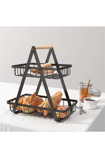 OEM Cos pentru fructe din metal cu doua etaje, maner din lemn, negru, 26 x 20 x 6 cm