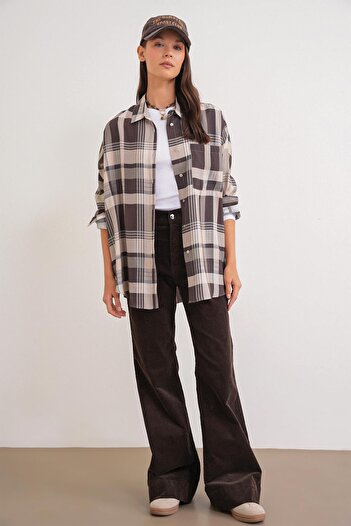 Mixray 4752 Γυναικείο καρό πουκάμισο oversize καφέ