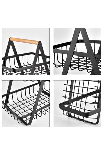 OEM Cos pentru fructe din metal cu doua etaje, maner din lemn, negru, 26 x 20 x 6 cm