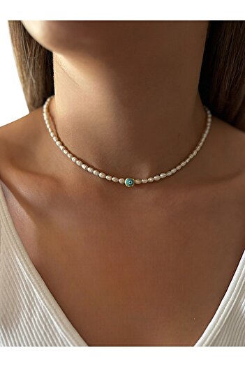 By Saadet Özkanlı Kadın Doğal Arpa Kum Inci Turkuaz Nazar Boncuklu Kolye( Gerçek Inci Tatlısu Incisi ) 38 Cm Choker