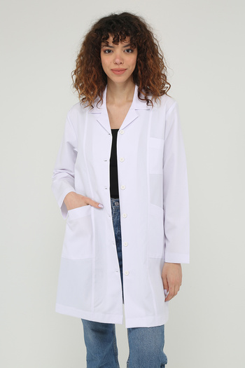 Cartellini Țesătură rezistentă la pete - șorț alb de alpaca 90 cm cu guler Apaş șorț pentru doctor, asistentă medicală, profesor