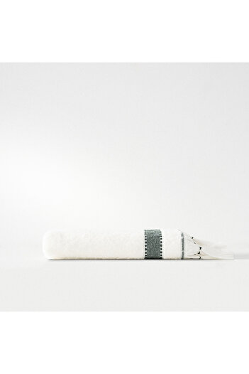 Ecocotton Galya Hand Face Towel 100% Organic Kapok Bordered Cream - Green 50x90 Cm