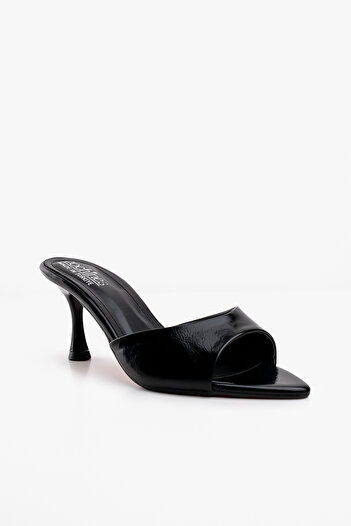 Cochines Black Patent Leather Summer Heeled Slippers Pointed Toe Elegant Thin Short Heels Shoes Sandals Slippers