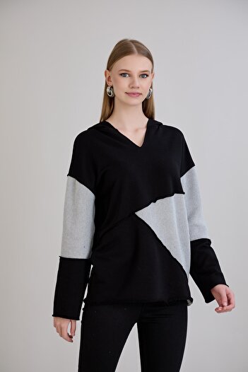 Sortie Pis Stitched Knitwear Garnished Hooded Sweatshirt