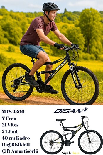 Bisan Mts 4300 V Fren 21 Vites 24 Jant Dağ Bisikleti Çift Amortisörlü Siyah Sarı 40 Kadro