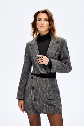 Quzu Double-Breasted Collar Cashmere Crop Blazer Jacket Anthracite