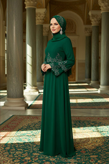 Neva Style Beaded Green Hijab Evening Dress 9181Y