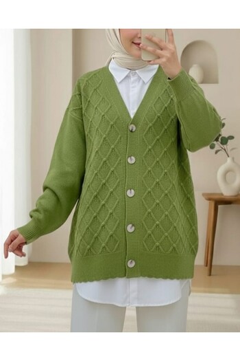 Modamorfo V-Neck Large Button Patterned Knitwear Cardigan -Khaki