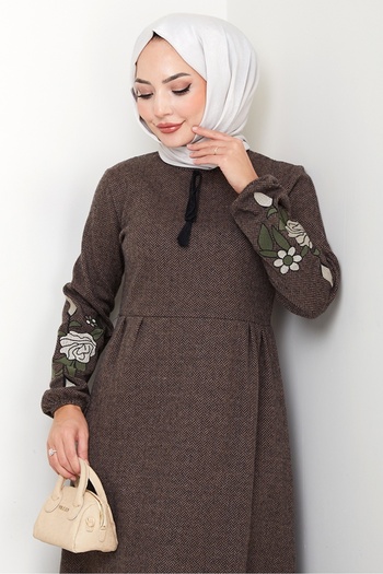 Bestenur Hijab Dress 755 - Brown, Embroidered Sleeves