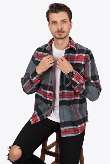 Etikmen Ανδρικό πουκάμισο Mountain Grey Red Stripes Oversize Lumberjack