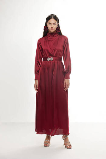BE BLUE CLARET RED STONE SATIN DRESS