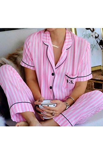 FENZO Costum de pijama roz din bumbac viscoză pentru femei, cu nasturi și buzunar, costum dublu imprimat