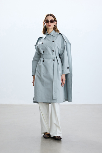 BE BLUE Dusty Blue Long Caped Trench Coat